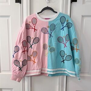 Queen of Sparkles Colorblock Tennis Sweatshirt Pink and Blue w/ Sparkles Medium